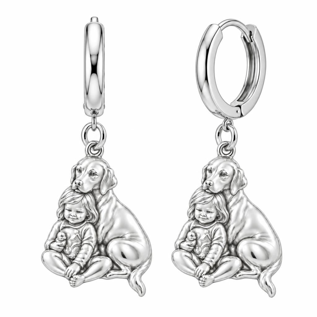 Child and Loyal Companion Huggie Charm Earrings – silver, front view