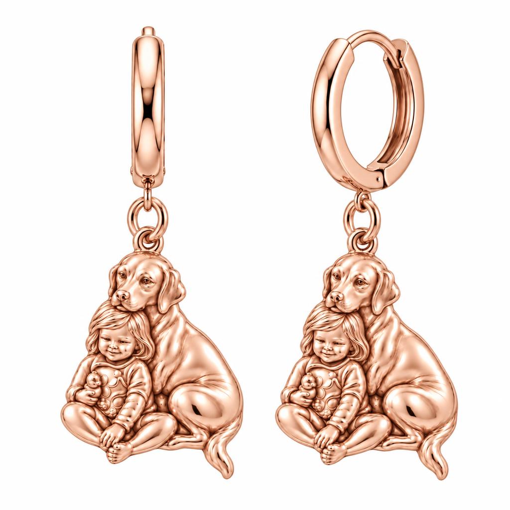 Child and Loyal Companion Huggie Charm Earrings – rose gold, front view