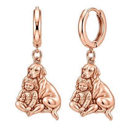 Child and Loyal Companion Huggie Charm Earrings – rose gold, front view