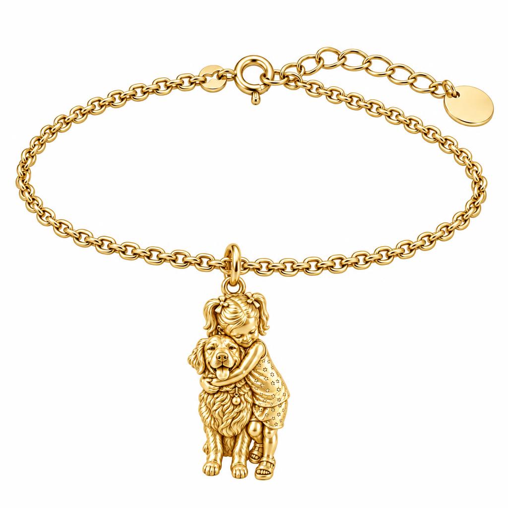 Child and Pet Best Friends Charm Bracelet Set – 18K gold, front view