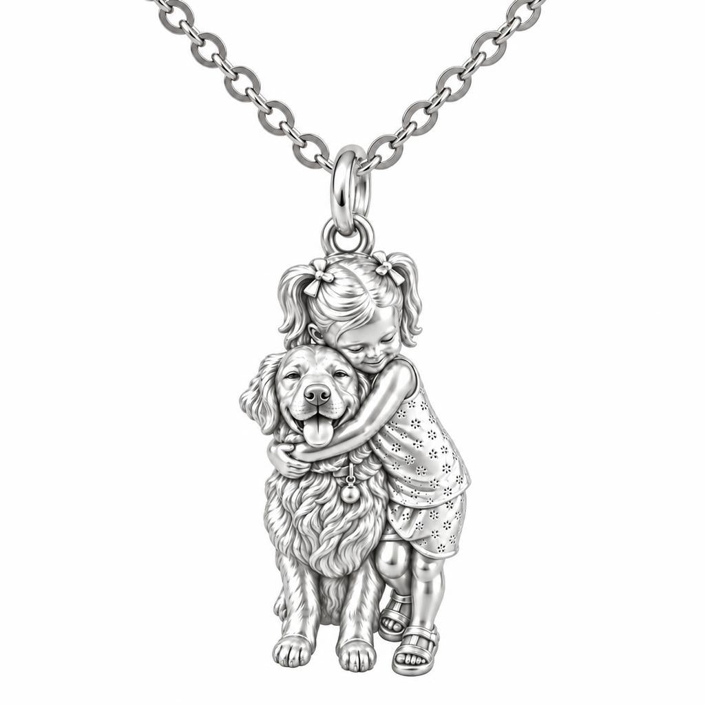 Child and Pet Best Friends Charm Necklace Set – silver, front view