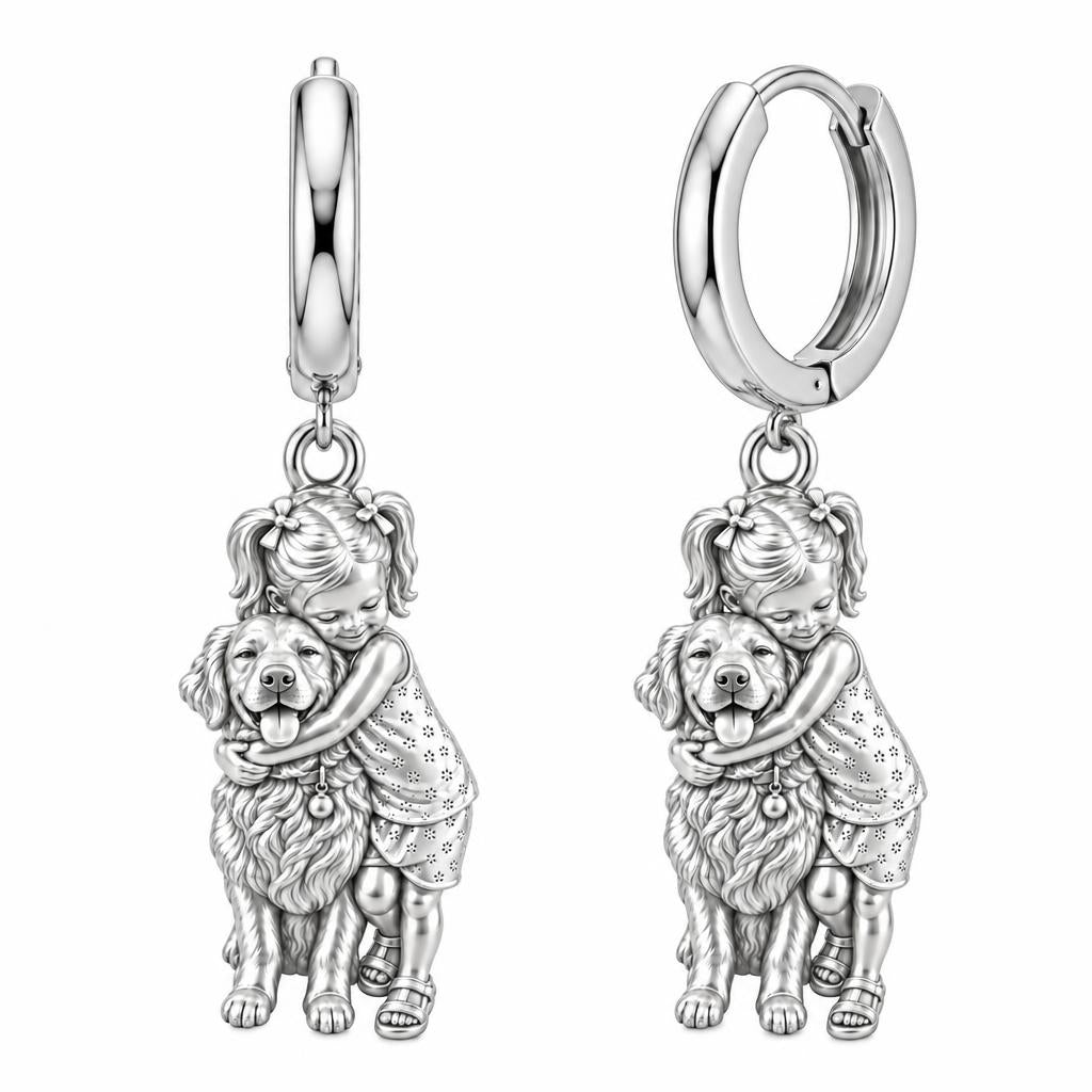 Child and Pet Best Friends Huggie Charm Earrings – silver, front view