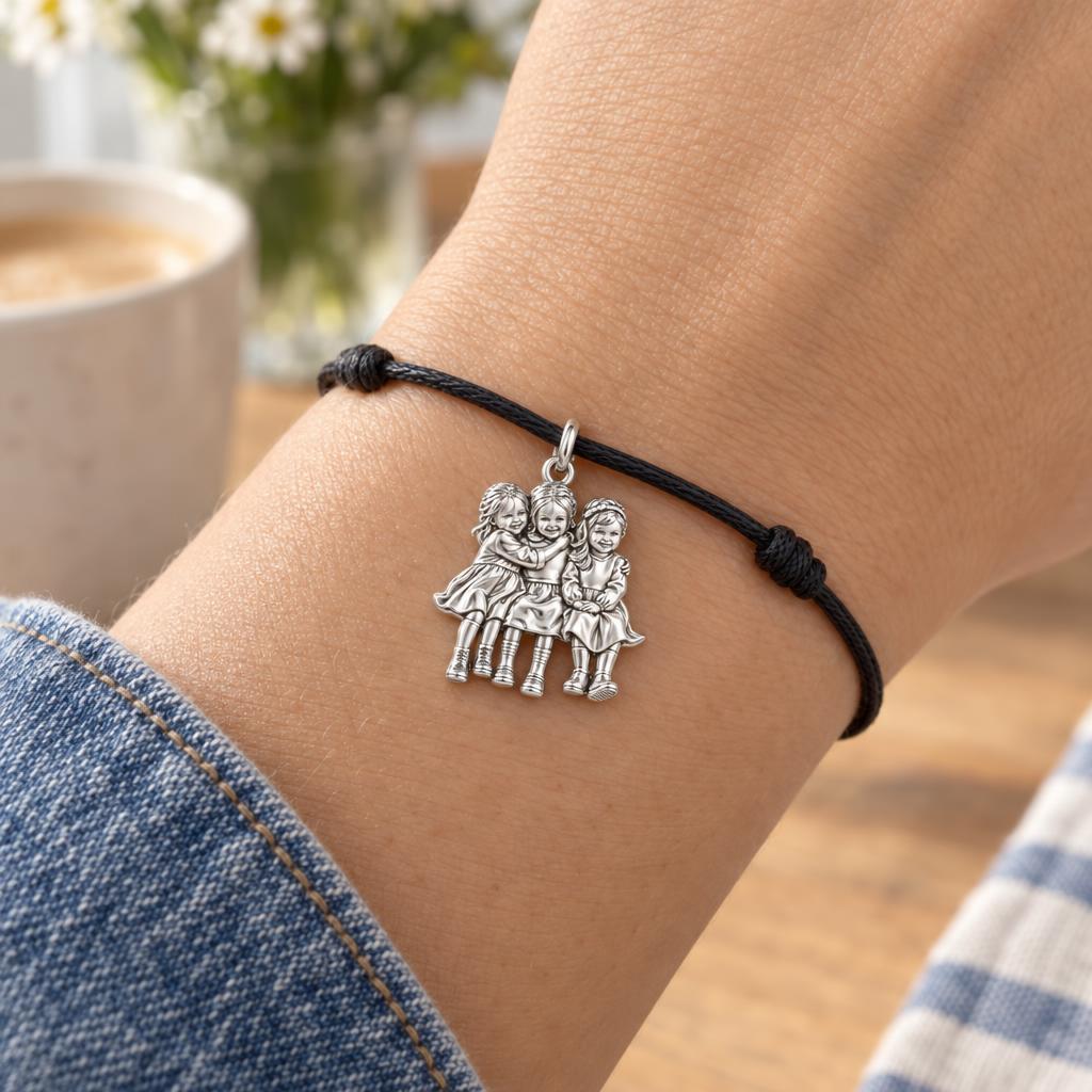 Childhood Friends Forever Charm Bracelet – Personalized Besties Gift – worn on the wrist on a black cord bracelet