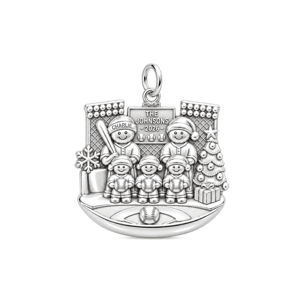 Christmas Baseball Family Charm Bracelet – Personalized Mom Gift – silver plated 3 cm charm, front view