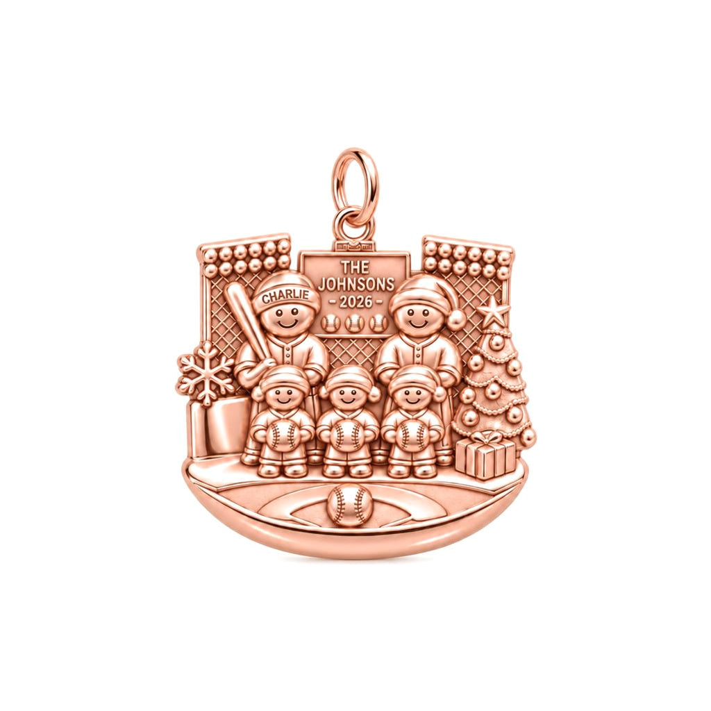 Christmas Baseball Family Charm Bracelet – Personalized Mom Gift – rose gold 3 cm charm, front view