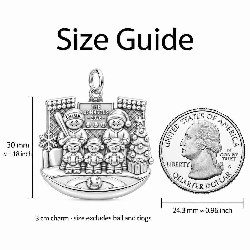 Christmas Baseball Family Charm Bracelet – Personalized Mom Gift – size guide, 3 cm charm next to a quarter