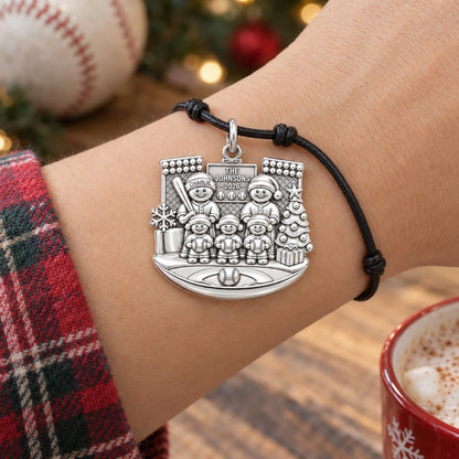 Christmas Baseball Family Charm Bracelet – Personalized Mom Gift – worn on the wrist on a black cord bracelet