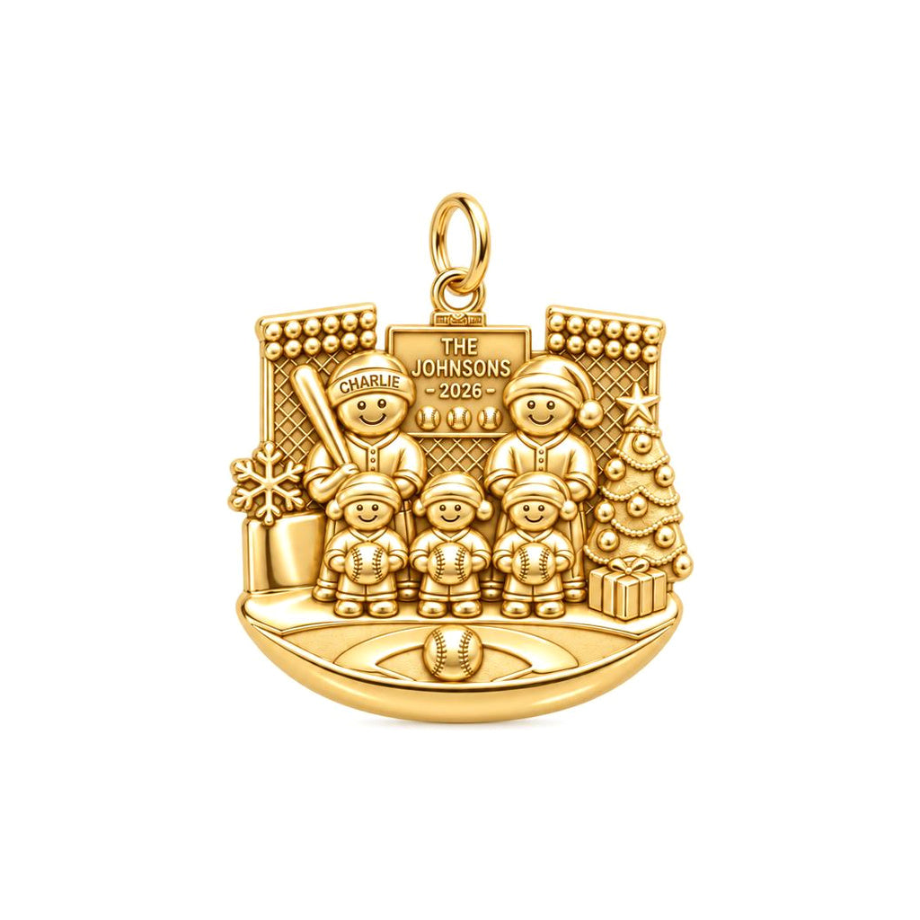 Christmas Baseball Family Charm Bracelet – Personalized Mom Gift – 18K gold plated 3 cm charm, front view