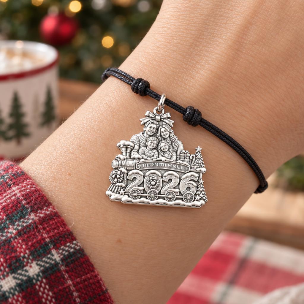 Christmas Family Express Charm Bracelet – Personalized Mom Gift – worn on the wrist on a black cord bracelet