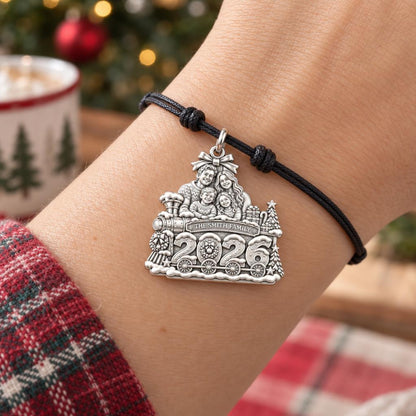 Christmas Family Express Charm Bracelet – Personalized Mom Gift – worn on the wrist on a black cord bracelet