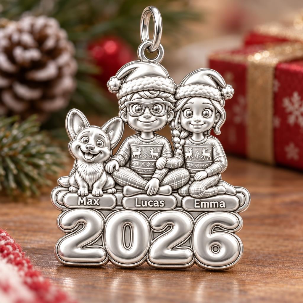 Christmas Family Morning Charm and Polyester Cord Bracelet Set – silver plated 3 cm charm, front view