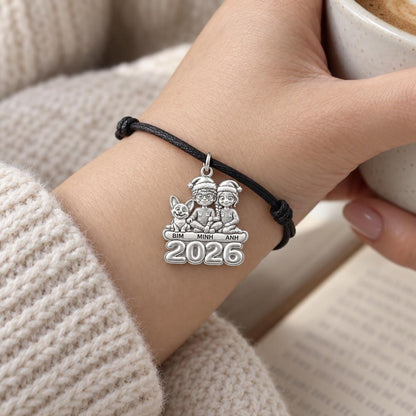 Christmas Family Morning Charm and Polyester Cord Bracelet Set – worn on the wrist on a black cord bracelet