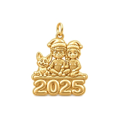 Christmas Family Morning Charm and Polyester Cord Bracelet Set – 18K gold plated 3 cm charm, front view