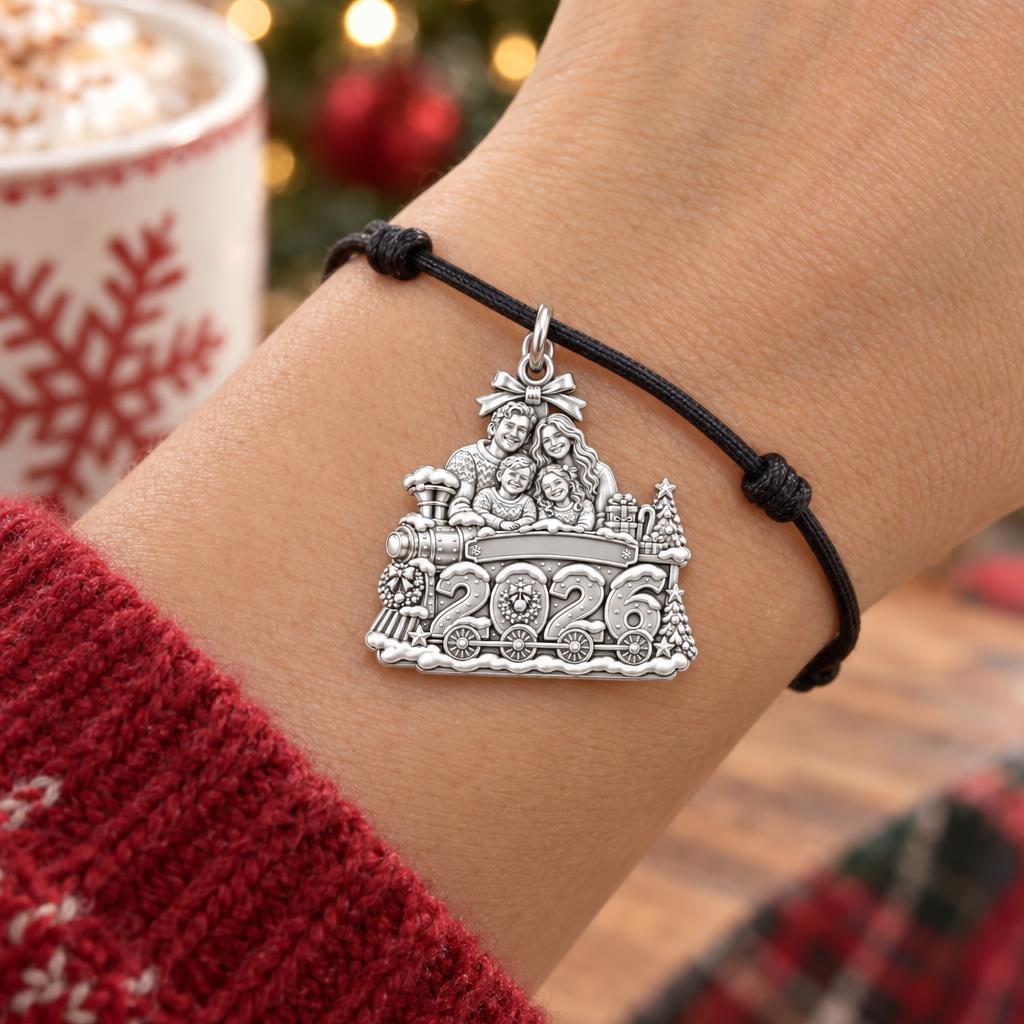 Christmas Holiday Express Charm Bracelet – Personalized Mom Gift – worn on the wrist on a black cord bracelet