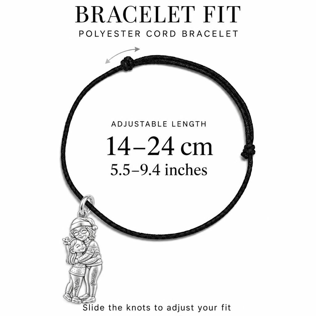 Christmas Hug Charm Bracelet – Personalized Grandma Gift – adjustable black cord bracelet, 14–24 cm