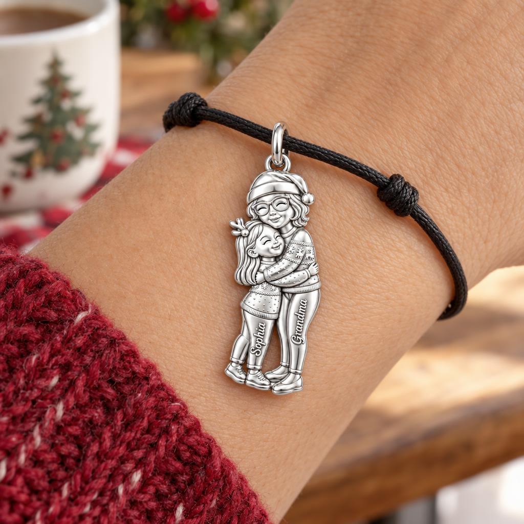 Christmas Hug Charm Bracelet – Personalized Grandma Gift – worn on the wrist on a black cord bracelet