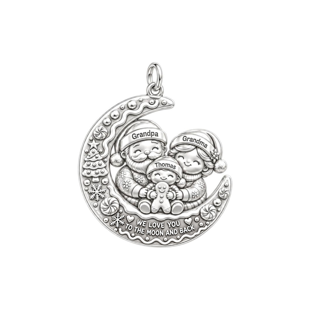 Christmas Moon Charm Bracelet – Personalized Grandparent Gift – silver plated 3 cm charm, front view