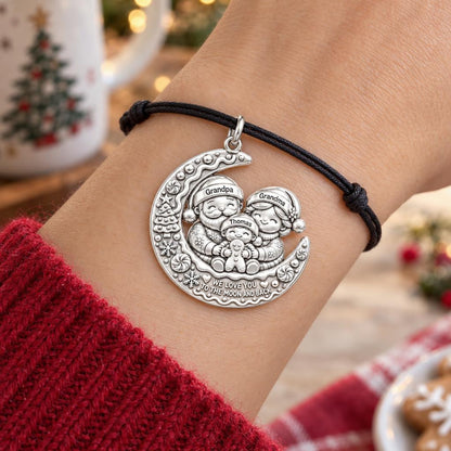 Christmas Moon Charm Bracelet – Personalized Grandparent Gift – worn on the wrist on a black cord bracelet