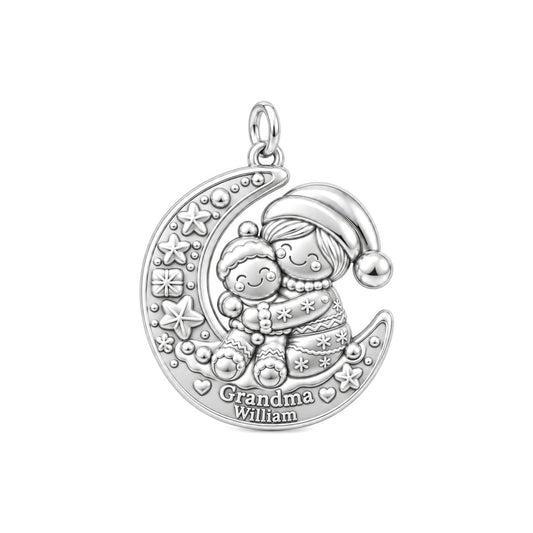 Christmas Moon Hug Charm Bracelet – Personalized Grandma Gift – silver charm, front view