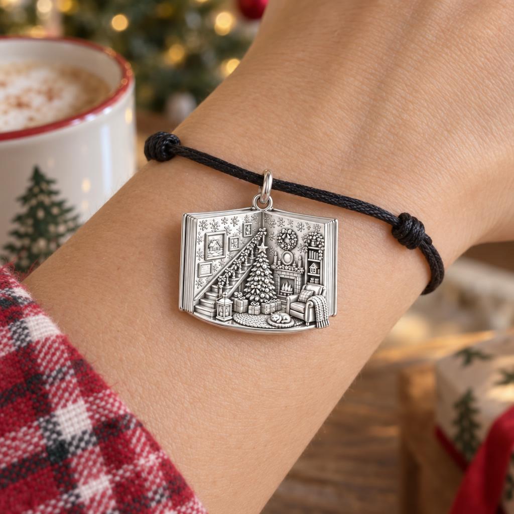 Christmas Morning Storybook Charm Bracelet – Personalized Gift – worn on the wrist on a black cord bracelet