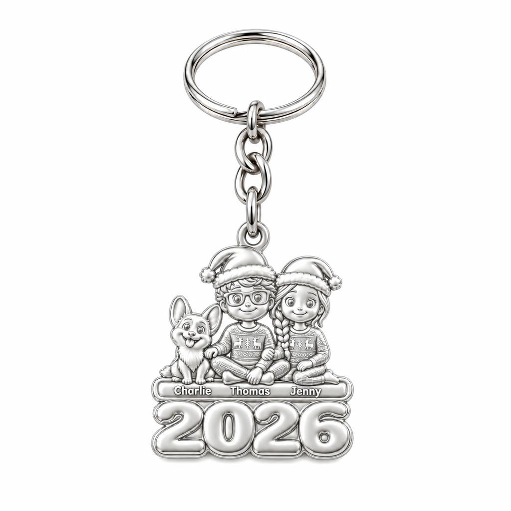 Christmas Pajama Family Charm Keychain – silver, front view