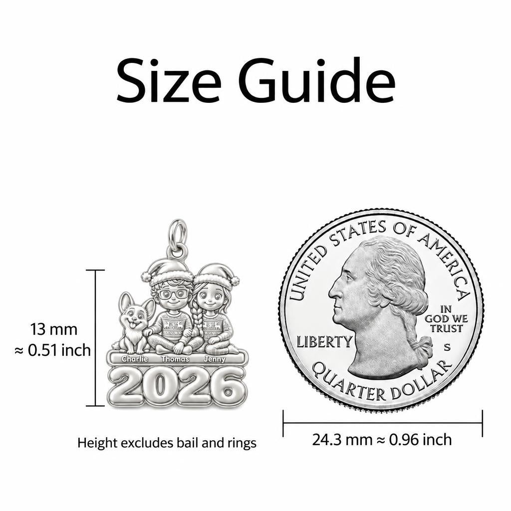 Christmas Pajama Family Keepsake Plaque – size guide, 13 mm charm next to a quarter
