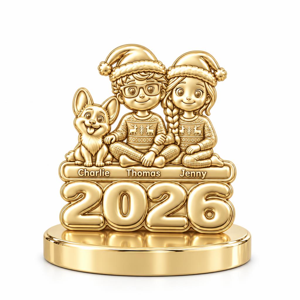 Christmas Pajama Family Keepsake Plaque – 18K gold, front view