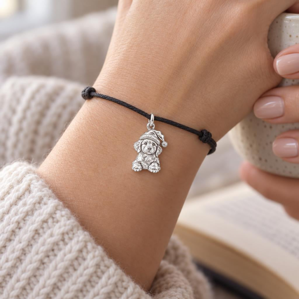 Christmas Puppy Charm and Polyester Cord Bracelet Set