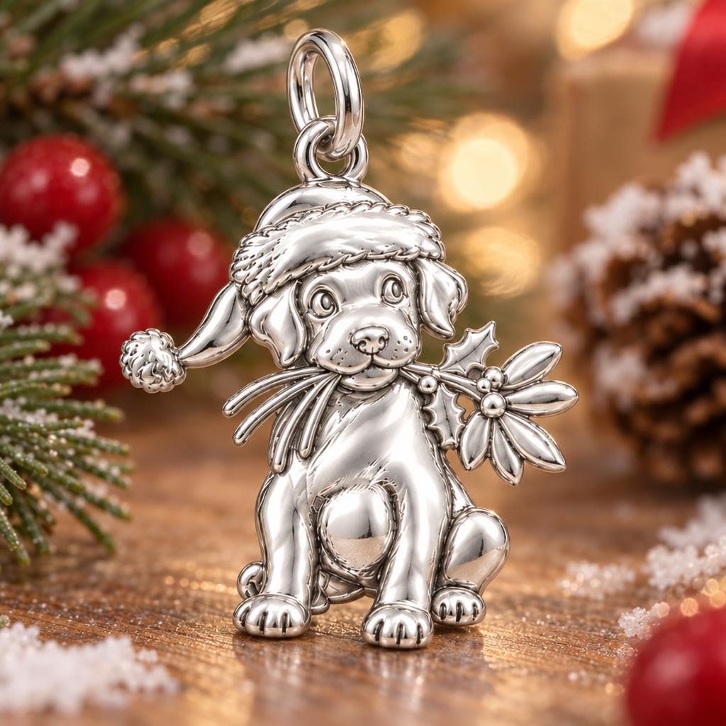 Christmas Puppy Holly Charm and Polyester Cord Bracelet Set