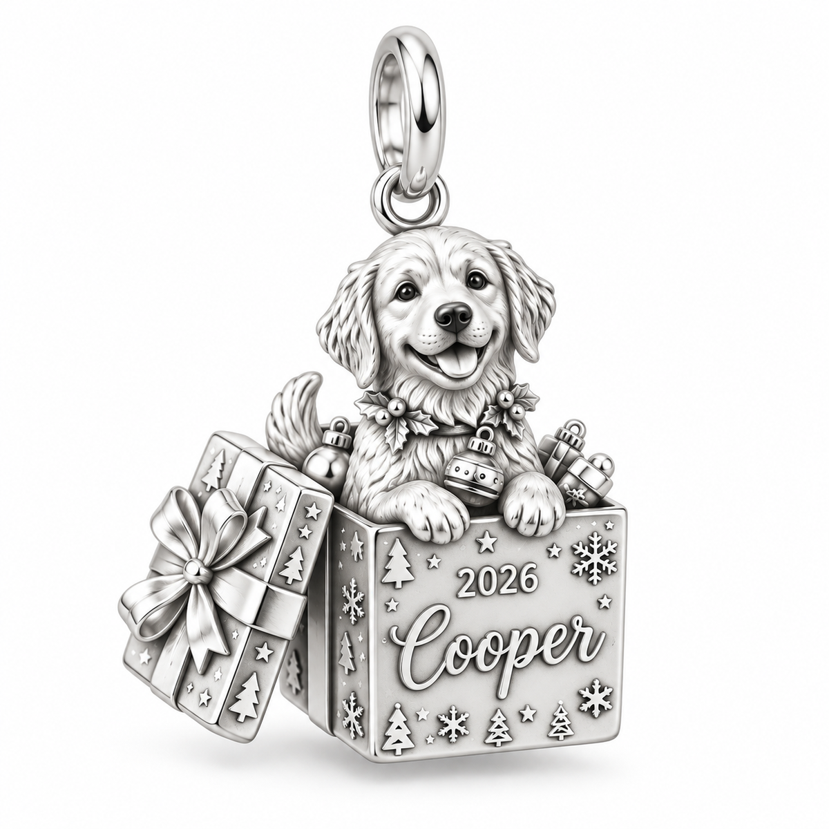 Christmas Puppy Surprise Charm Bracelet – Personalized Dog Mom Gift – silver charm, front view