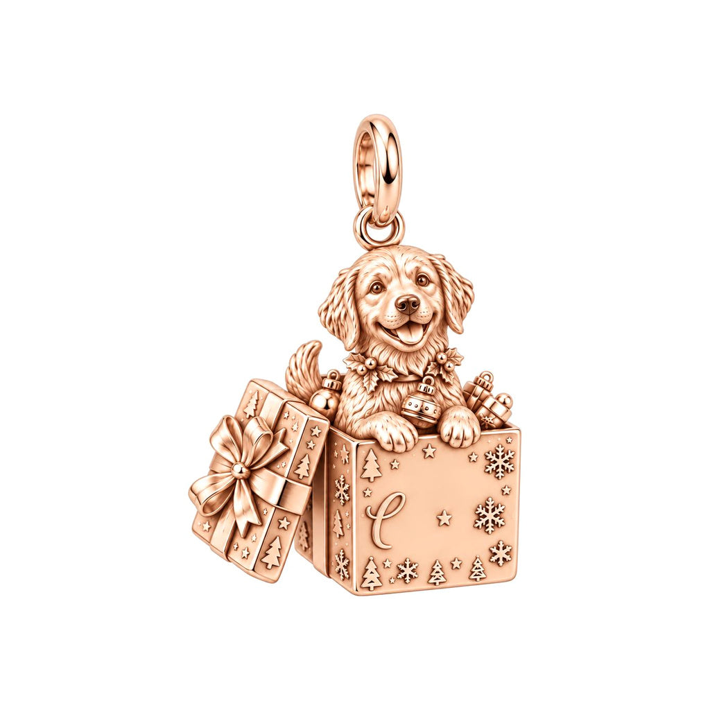 Christmas Puppy Surprise Charm Bracelet – Personalized Dog Mom Gift – rose gold charm, front view