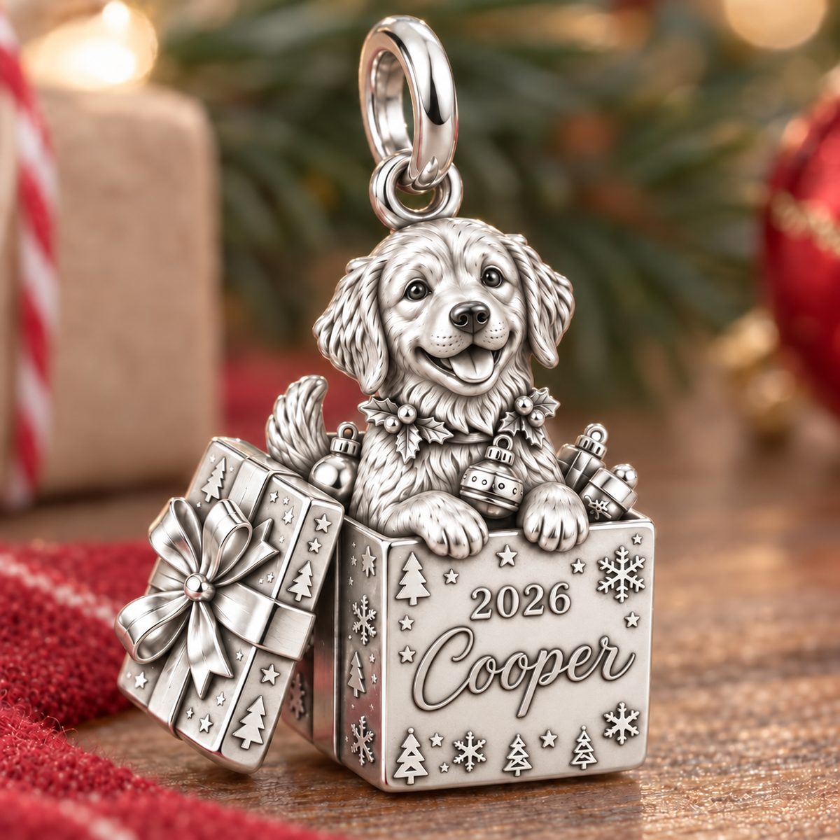 Christmas Puppy Surprise Charm Bracelet – Personalized Dog Mom Gift – macro detail of the charm