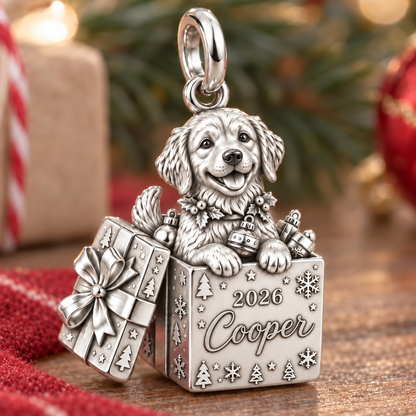 Christmas Puppy Surprise Charm Bracelet – Personalized Dog Mom Gift – macro detail of the charm