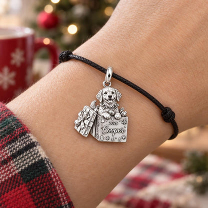Christmas Puppy Surprise Charm Bracelet – Personalized Dog Mom Gift – worn on the wrist on a black cord bracelet