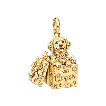 Christmas Puppy Surprise Charm Bracelet – Personalized Dog Mom Gift – 18K gold charm, front view