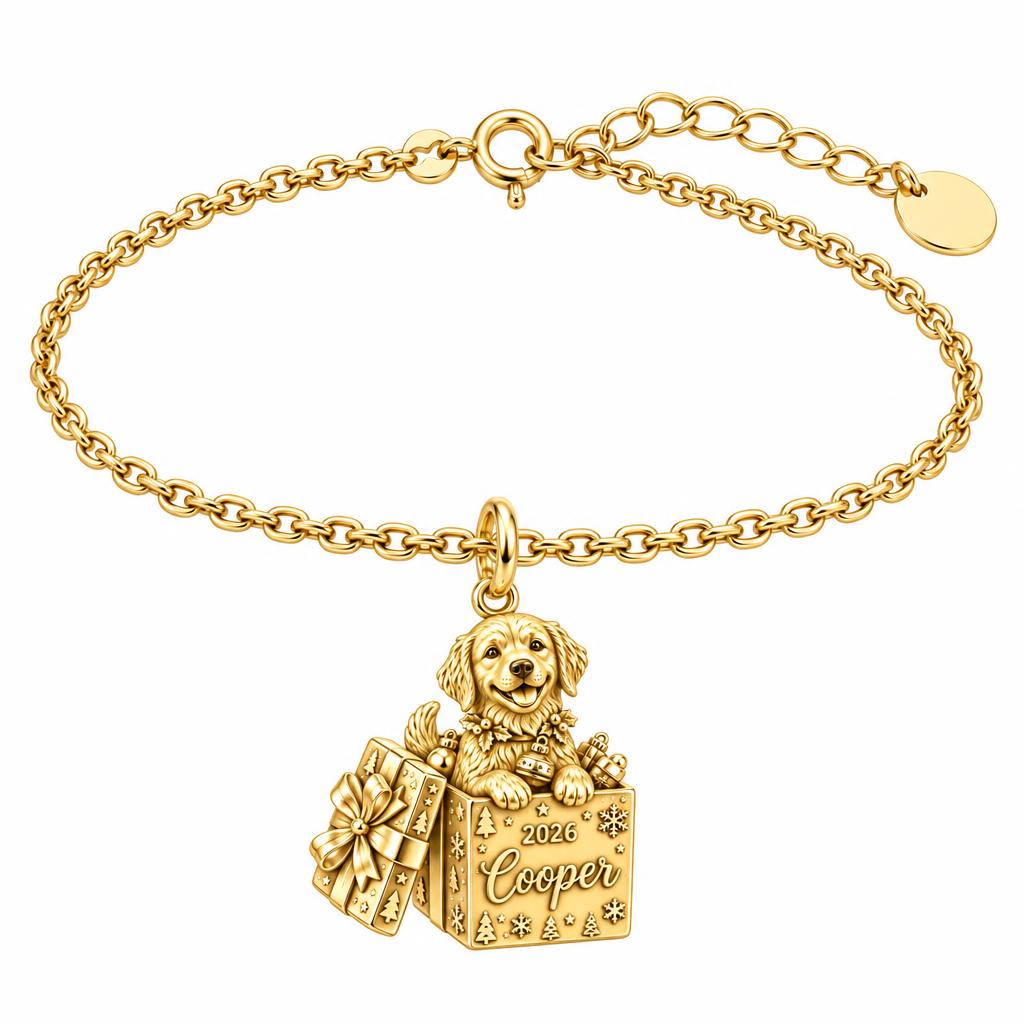 Christmas Puppy Surprise Charm Bracelet Set – 18K gold, front view