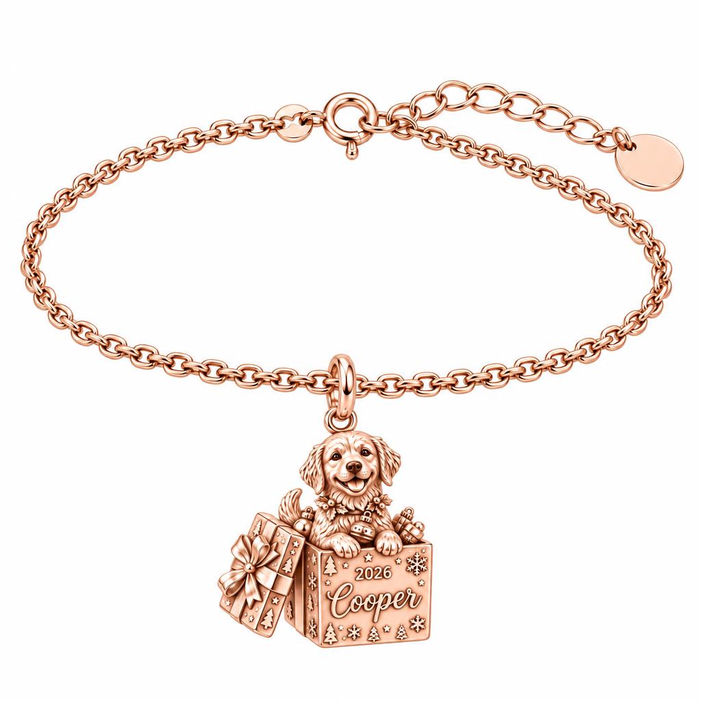 Christmas Puppy Surprise Charm Bracelet Set – rose gold, front view
