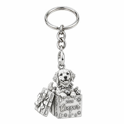 Christmas Puppy Surprise Charm Keychain – silver, front view