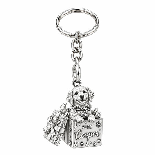 Christmas Puppy Surprise Charm Keychain – silver, front view