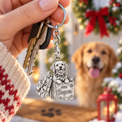 Christmas Puppy Surprise Charm Keychain – worn / in use