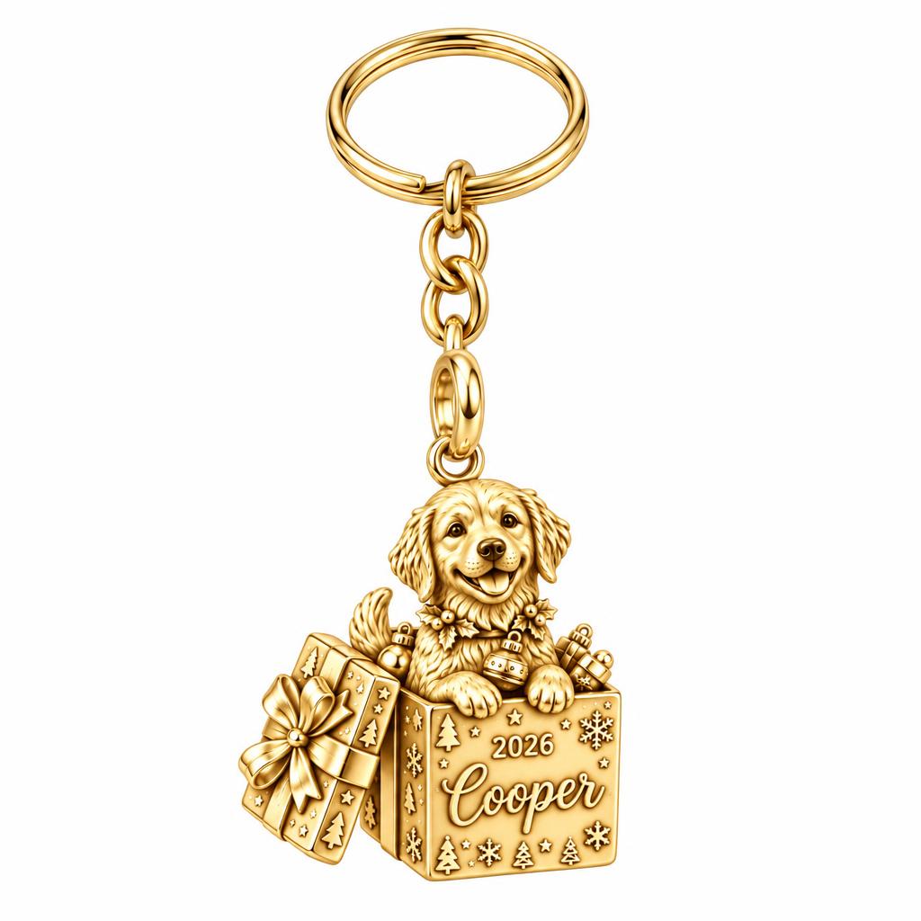 Christmas Puppy Surprise Charm Keychain – 18K gold, front view