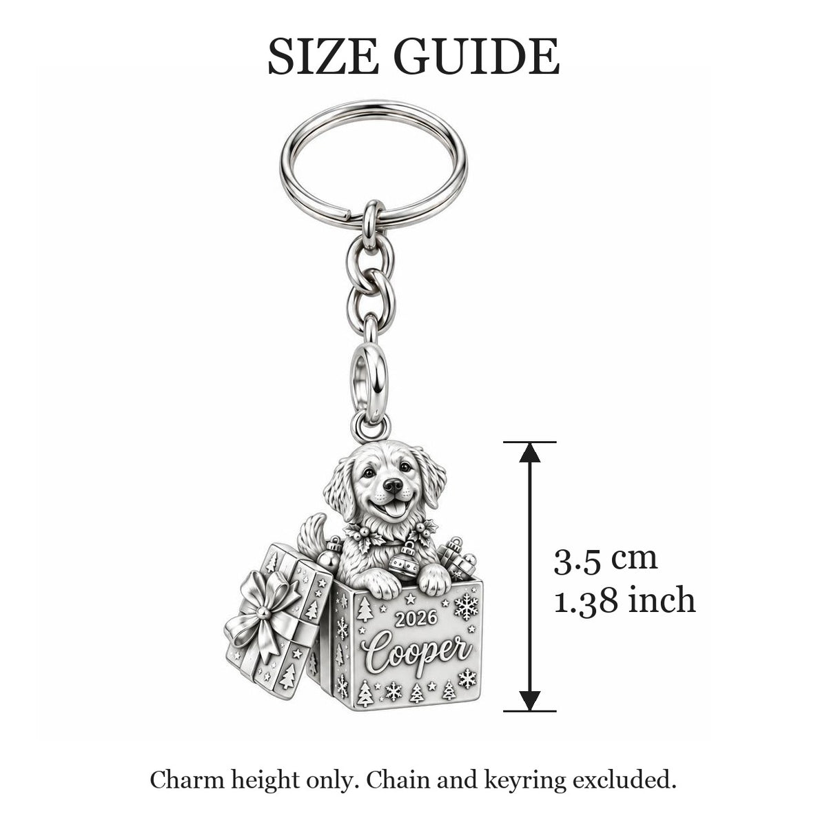 Christmas Puppy Surprise Charm Keychain – size guide, 3.5 cm (1.38 in) charm, chain and keyring excluded