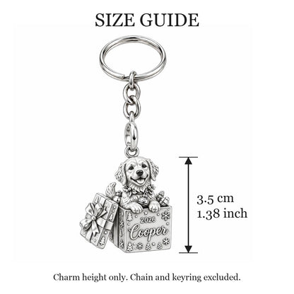 Christmas Puppy Surprise Charm Keychain – size guide, 3.5 cm (1.38 in) charm, chain and keyring excluded