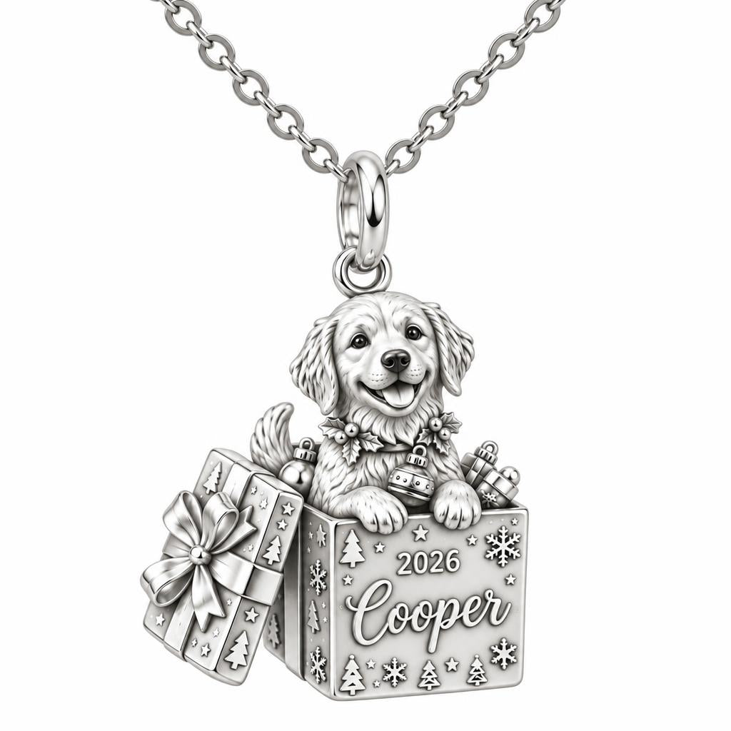 Christmas Puppy Surprise Charm Necklace Set – silver, front view