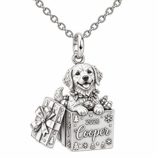 Christmas Puppy Surprise Charm Necklace Set – silver, front view