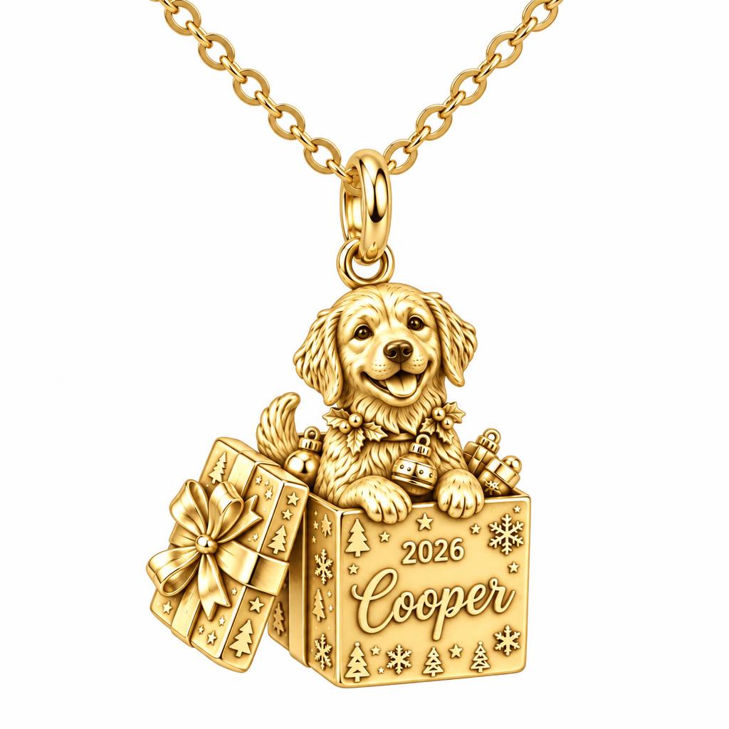 Christmas Puppy Surprise Charm Necklace Set – 18K gold, front view