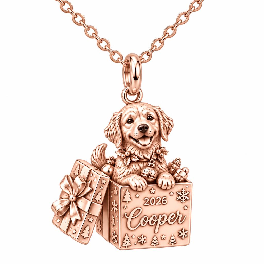 Christmas Puppy Surprise Charm Necklace Set – rose gold, front view