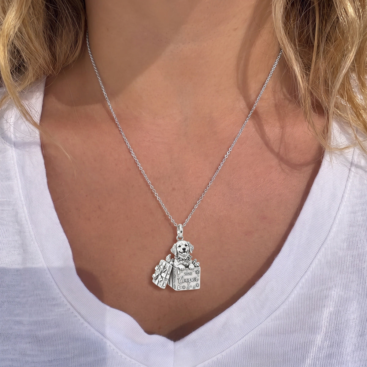 Christmas Puppy Surprise Charm Necklace Set – worn / in use