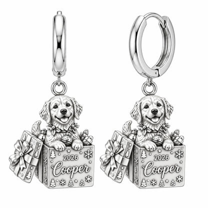 Christmas Puppy Surprise Huggie Charm Earrings – silver, front view