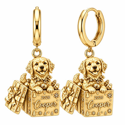 Christmas Puppy Surprise Huggie Charm Earrings – 18K gold, front view